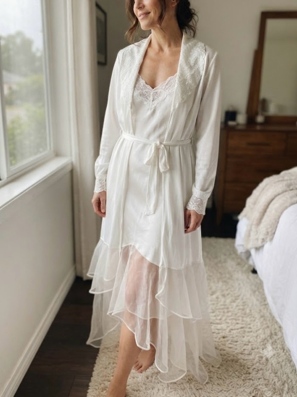 The International Boutique Vintage White Satin Robe & Slip Set Floral Coquette